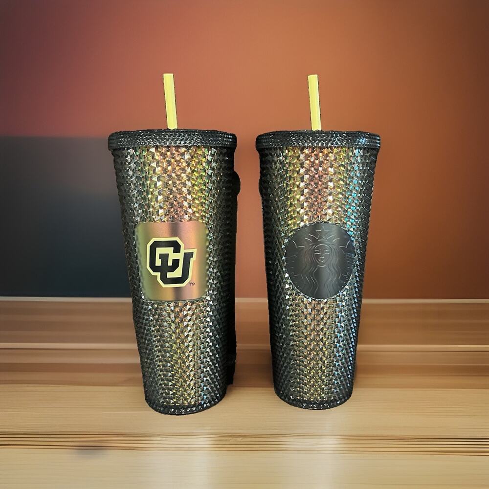 Set 2 Starbucks CU Colorado University Studded Tumbler Iridescent Black & Gold